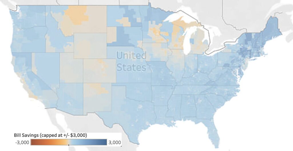 Map of bill savings from installing heat pump HVAC system.
