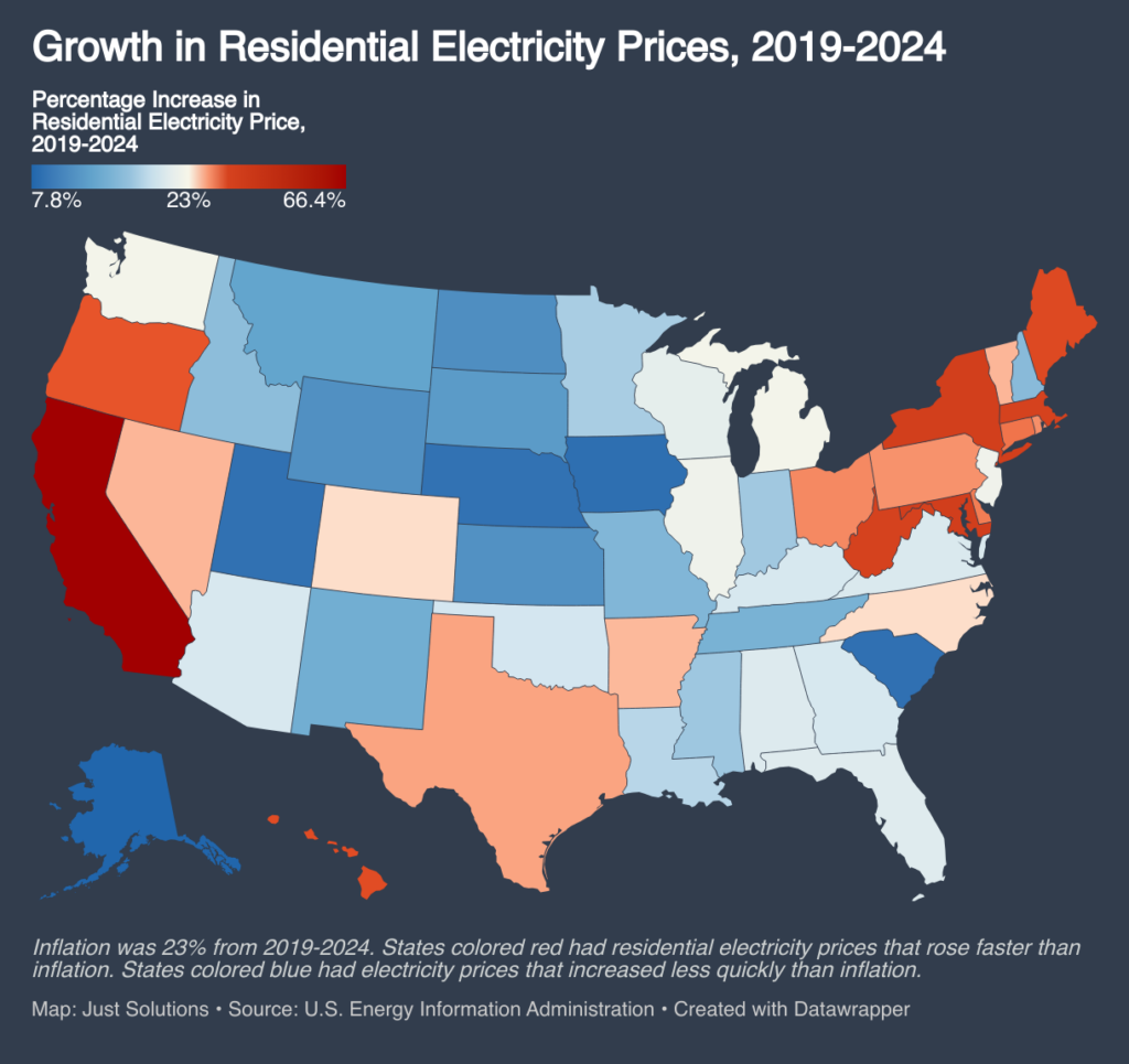 Growth in residential electricity prices by state in the US.